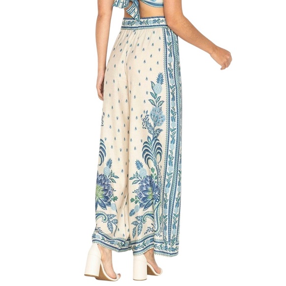 FARM Rio Festa de Arara Wide Leg Pant Cream & Blue Floral Print Linen Blend Sz M - Picture 14 of 15